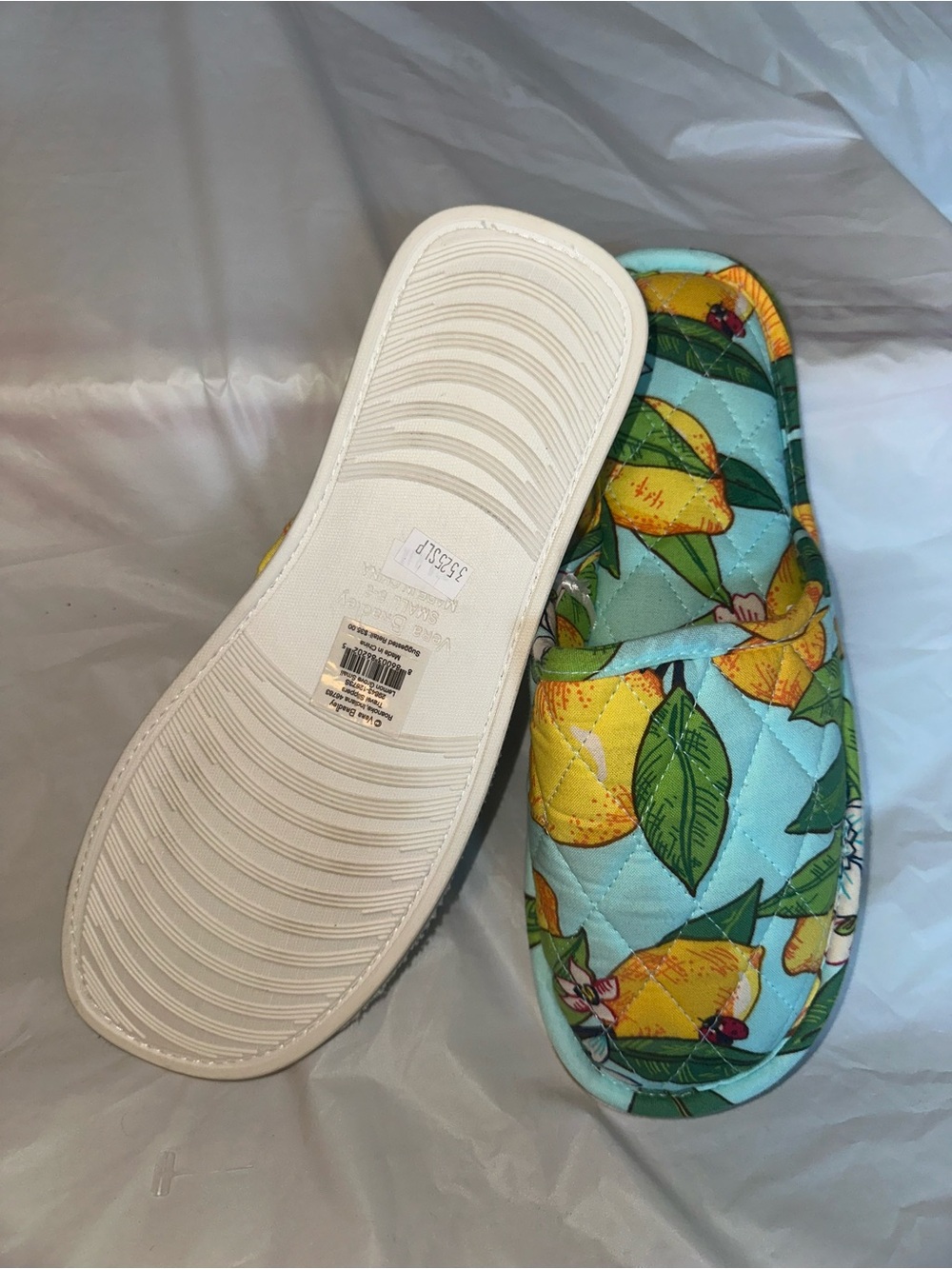 Vera Bradley Women’s Lemon-Print Quilted Slide Slippers - Aqua/Yellow. - Picture 2 of 3